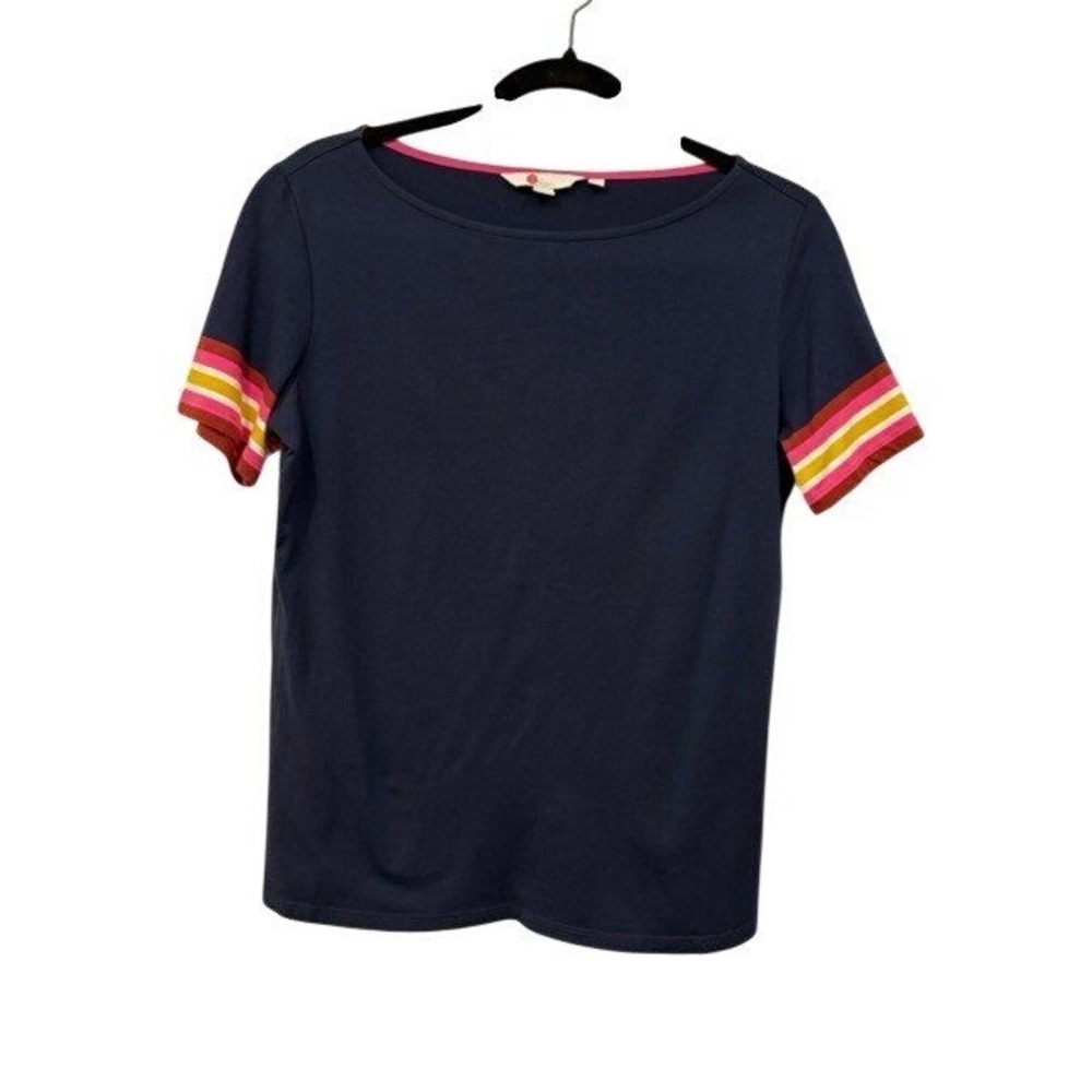 Boden Striped Sleeve Top Small Womens Navy Blue Cotton Modal Crew Neck Rainbow